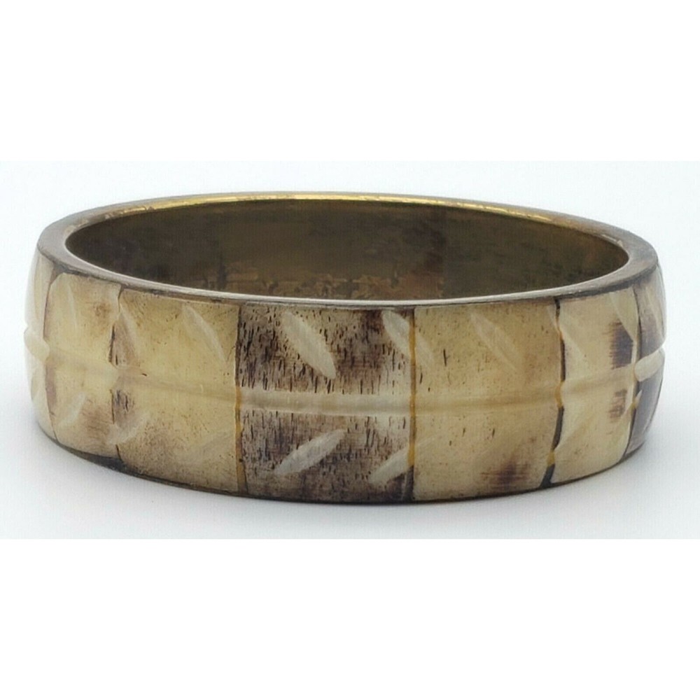 Stone Inlay Brass Gold Bangle Bracelet White Brown Carved Etched Vintage Unique!